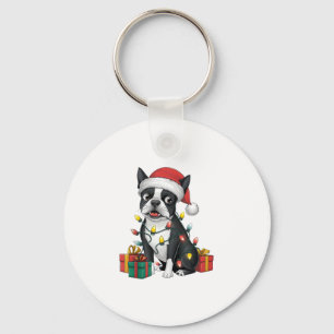 Xmas Lighting Santa Hat Boston Terrier Dog Christm Keychain