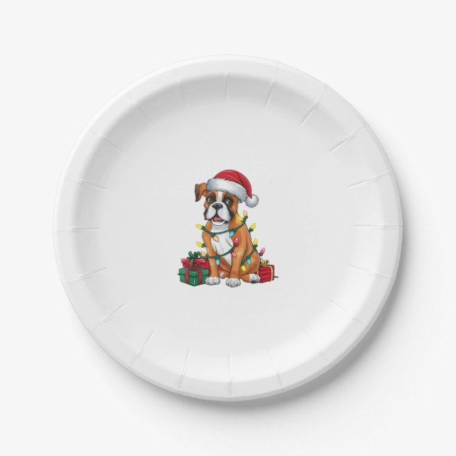 Xmas Lighting Santa Hat Boxer Dog Christmas  Paper Plates (Front)