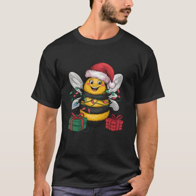 Xmas Lighting Santa Hat Bumble Bee Christmas T-Shirt (Front)