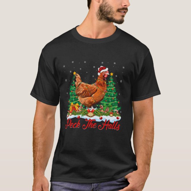 Xmas Lighting Santa Hat Chicken Christmas Tree T-Shirt (Front)