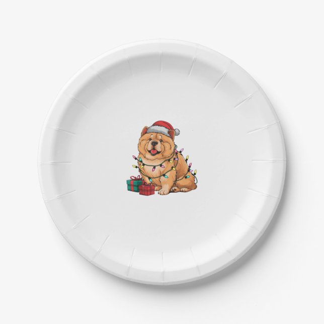 Xmas Lighting Santa Hat Chow Chow Dog Christmas  Paper Plates (Front)