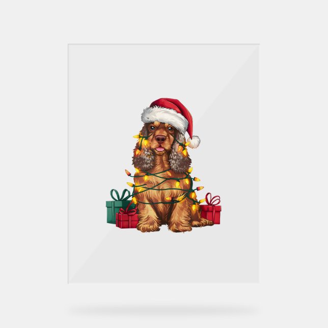 Xmas Lighting Santa Hat Cocker Spaniel Dog Christm Acrylic Sign (Front)