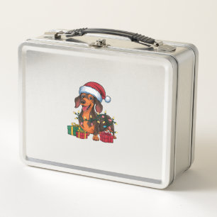 Xmas Lighting Santa Hat Dachshund Dog Christmas Metal Lunch Box