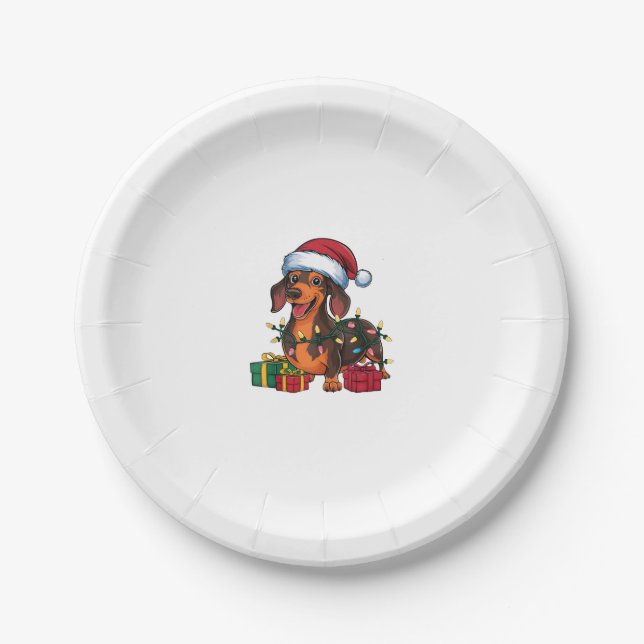 Xmas Lighting Santa Hat Dachshund Dog Christmas  Paper Plates (Front)
