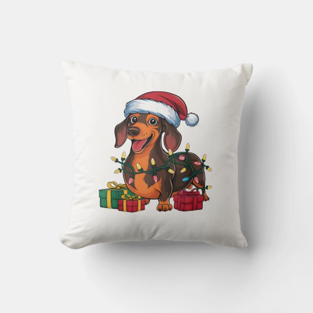 Xmas Lighting Santa Hat Dachshund Dog Christmas  Throw Pillow (Front)