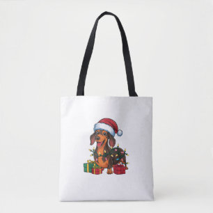 Xmas Lighting Santa Hat Dachshund Dog Christmas  Tote Bag
