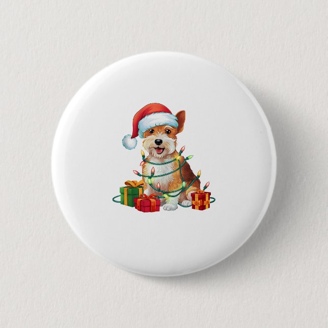 Xmas Lighting Santa Hat Dandie Dinmont Terrier Dog Button (Front)