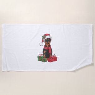 Xmas Lighting Santa Hat Doberman Dog Christmas _3 Beach Towel