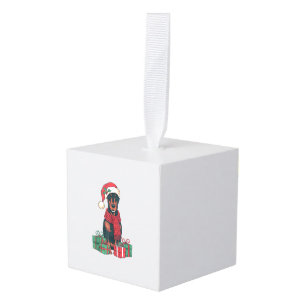 Xmas Lighting Santa Hat Doberman Dog Christmas Cube Ornament