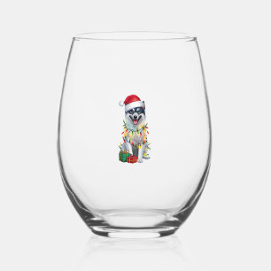 Xmas Lighting Santa Hat Finnish Spitz Dog Christma Stemless Wine Glass