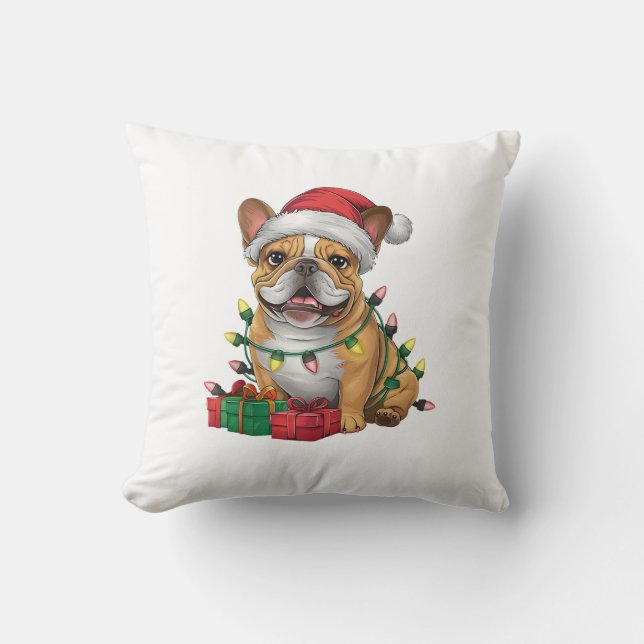 Xmas Lighting Santa Hat French Bulldog Christmas _ Throw Pillow (Front)