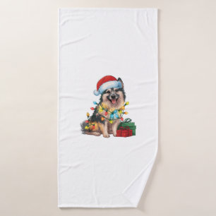 Xmas Lighting Santa Hat German Spitz Dog Christmas Bath Towel
