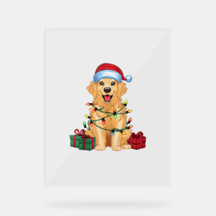 Xmas Lighting Santa Hat Golden Retriever Dog Chris Acrylic Sign