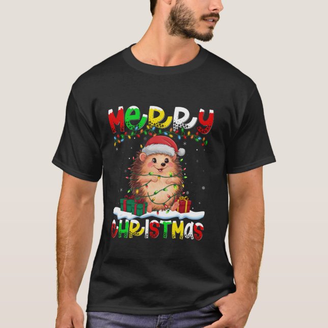 Xmas Lighting Santa Hat Hedgehog Merry Christmas T T-Shirt (Front)
