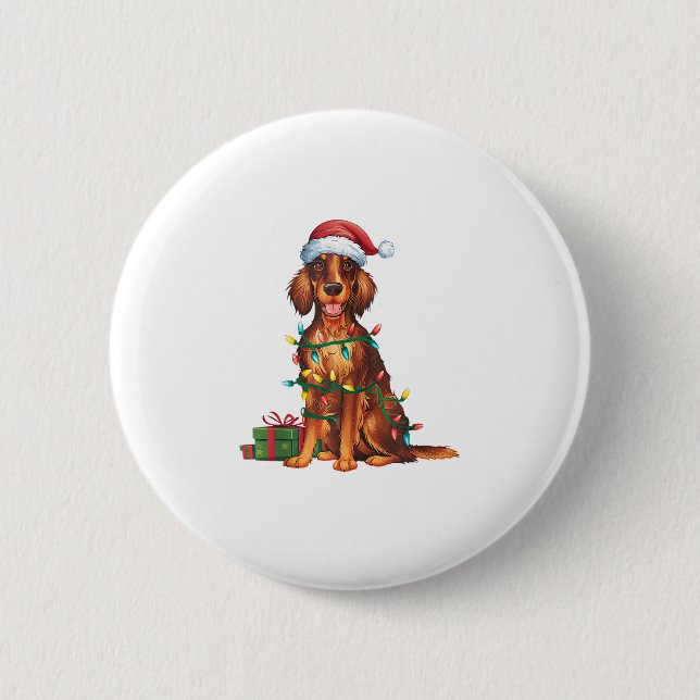 Xmas Lighting Santa Hat Irish Setter Dog Christmas Button (Front)