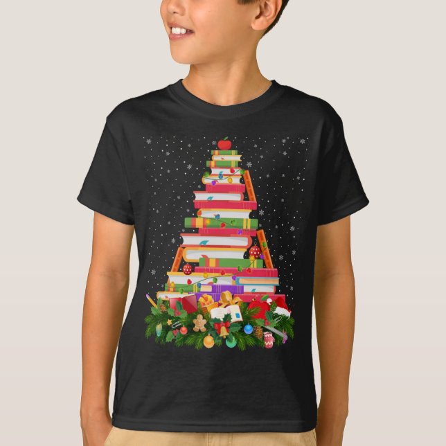 Xmas Lighting Santa Hat Librarian Book Christmas T T-Shirt (Front)