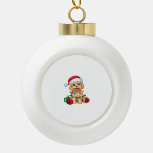 Xmas Lighting Santa Hat Maltipoo Dog Christmas Ceramic Ball Christmas Ornament