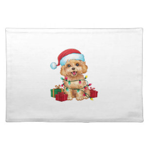 Xmas Lighting Santa Hat Maltipoo Dog Christmas Cloth Placemat