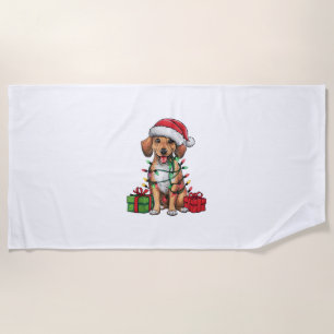 Xmas Lighting Santa Hat Mountain Cur Dog Christmas Beach Towel