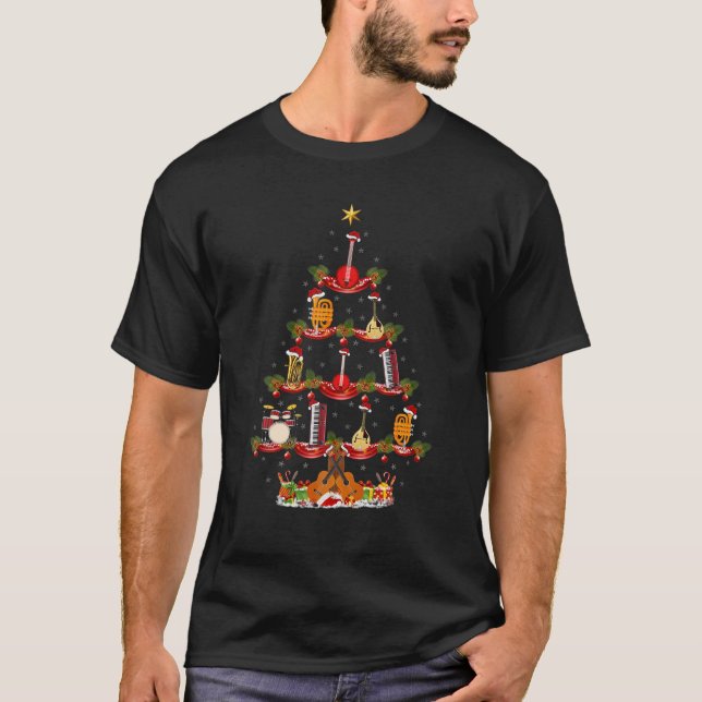 Xmas Lighting Santa Hat Music Instruments Christma T-Shirt (Front)