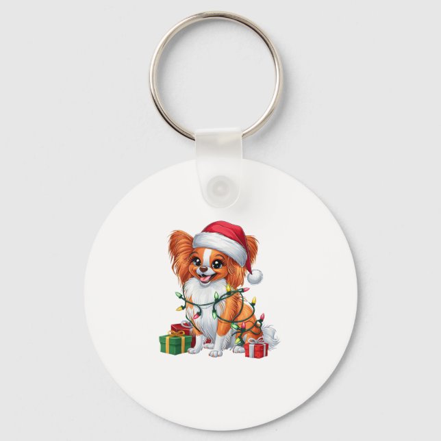 Xmas Lighting Santa Hat Papillon Dog Christmas _1 Keychain (Front)