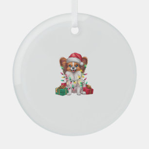 Xmas Lighting Santa Hat Papillon Dog Christmas Glass Ornament