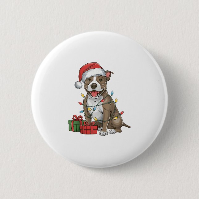 Xmas Lighting Santa Hat Pitbull Terrier Dog Christ Button (Front)