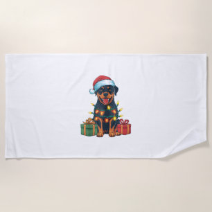 Xmas Lighting Santa Hat Rottweiler Dog Christmas Beach Towel