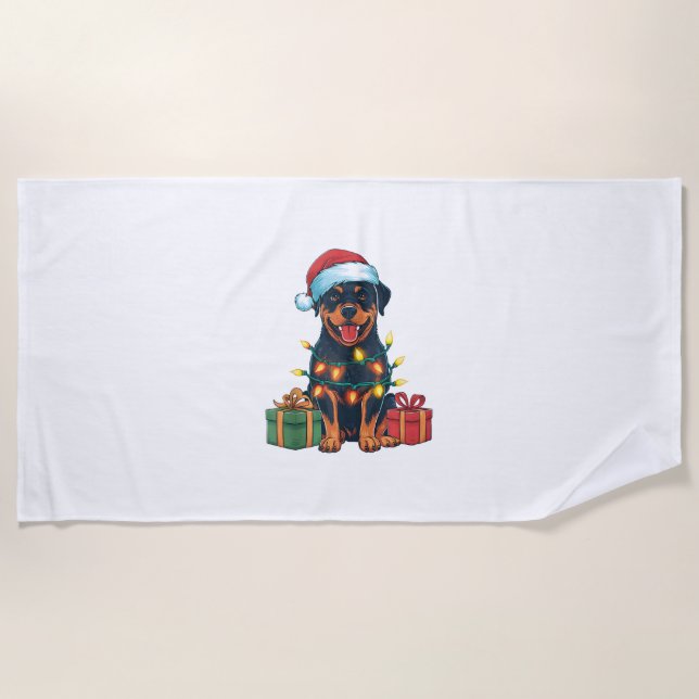 Xmas Lighting Santa Hat Rottweiler Dog Christmas  Beach Towel (Front)