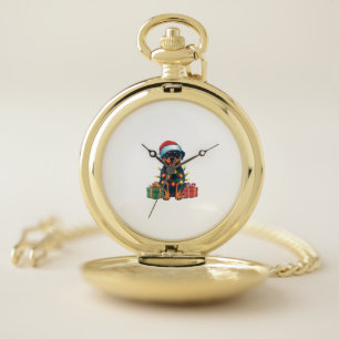 Xmas Lighting Santa Hat Rottweiler Dog Christmas Pocket Watch