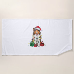 Xmas Lighting Santa Hat Rough Collie Dog Christmas Beach Towel