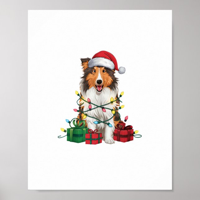 Xmas Lighting Santa Hat Rough Collie Dog Christmas Poster (Front)