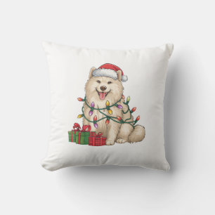 Xmas Lighting Santa Hat Samoyed Dog Christmas Throw Pillow