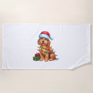 Xmas Lighting Santa Hat Schnoodle Dog Christmas Beach Towel