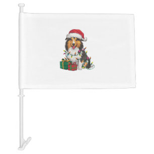 Xmas Lighting Santa Hat Shetland Sheepdog Christma Car Flag