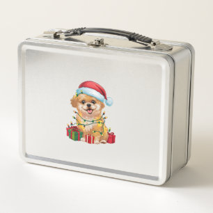 Xmas Lighting Santa Hat Shih Poo Dog Christmas Metal Lunch Box