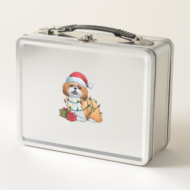 Xmas Lighting Santa Hat Shih Tzu Dog Christmas  Metal Lunch Box (Front)