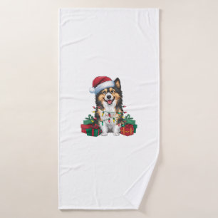 Xmas Lighting Santa Hat Tamaskan Dog Christmas Bath Towel