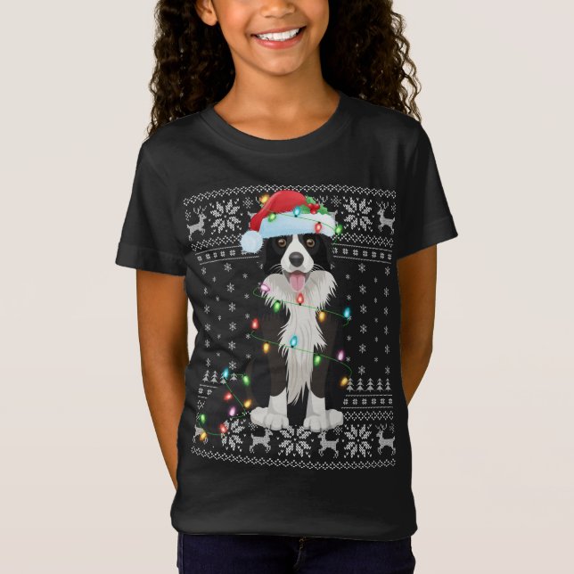 Xmas Lighting Santa Hat Ugly Border Collie Christm T-Shirt (Front)