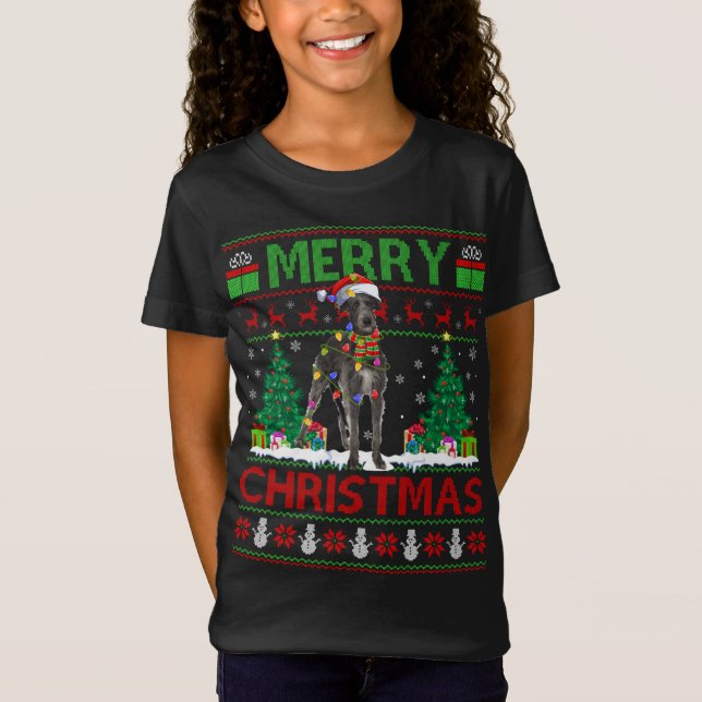 Xmas Lighting Santa Hat Ugly Irish Wolfhound Chris T-Shirt (Front)