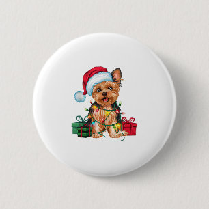 Xmas Lighting Santa Hat Yorkie Dog Christmas _1 Button