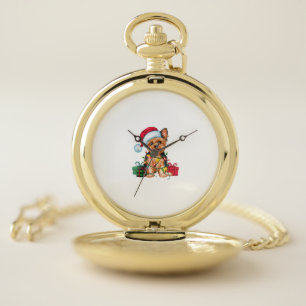 Xmas Lighting Santa Hat Yorkie Dog Christmas _1 Pocket Watch
