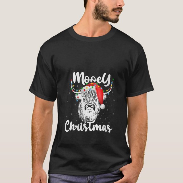 Xmas Lighting Santa Highland Cow Mooey Christmas V T-Shirt (Front)