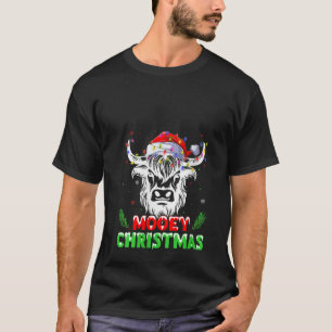 Xmas Lighting Santa Highland Cow Mooey Christmas V T-Shirt