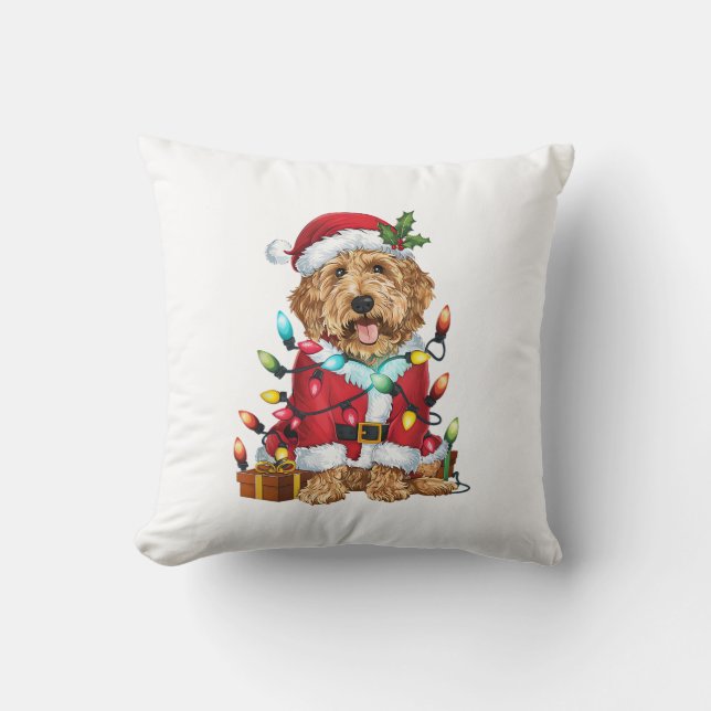 Xmas Lighting Santa Labradoodle Dog Christmas  Throw Pillow (Front)