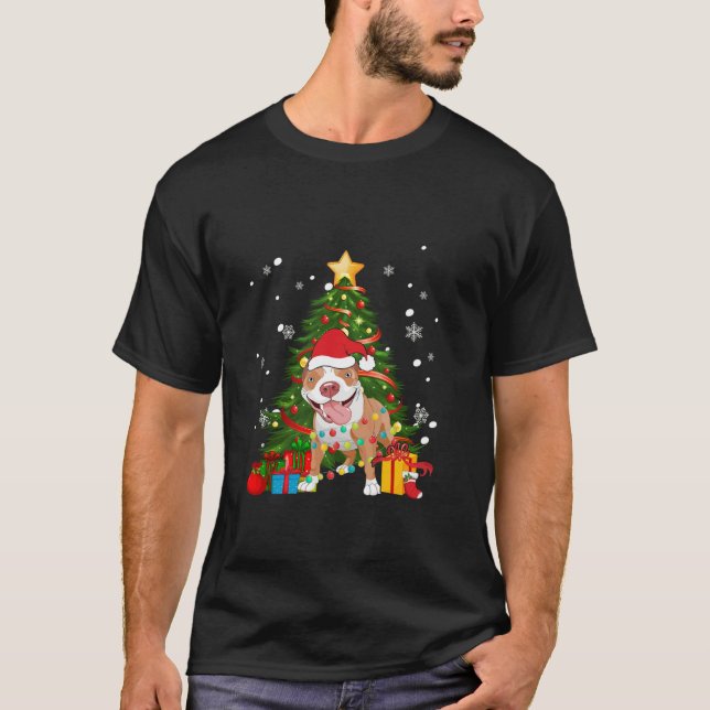 Xmas Lighting Santa Pitbull Dog Christmas Tree Lon T-Shirt (Front)