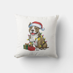 Xmas Lighting Santa Pitbull Terrier Dog Christmas  Throw Pillow