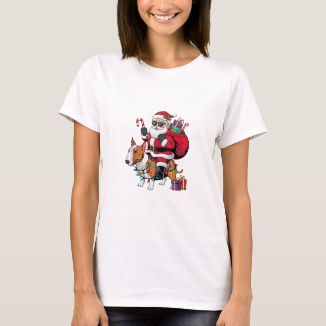 Xmas Lighting Santa Riding Bull Terrier Dog Christ T-Shirt (Front)