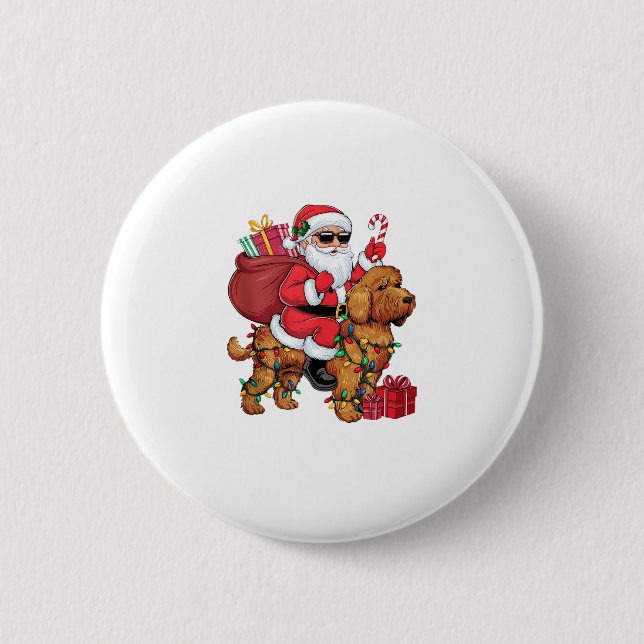 Xmas Lighting Santa Riding Cockapoo Dog Christmas  Button (Front)