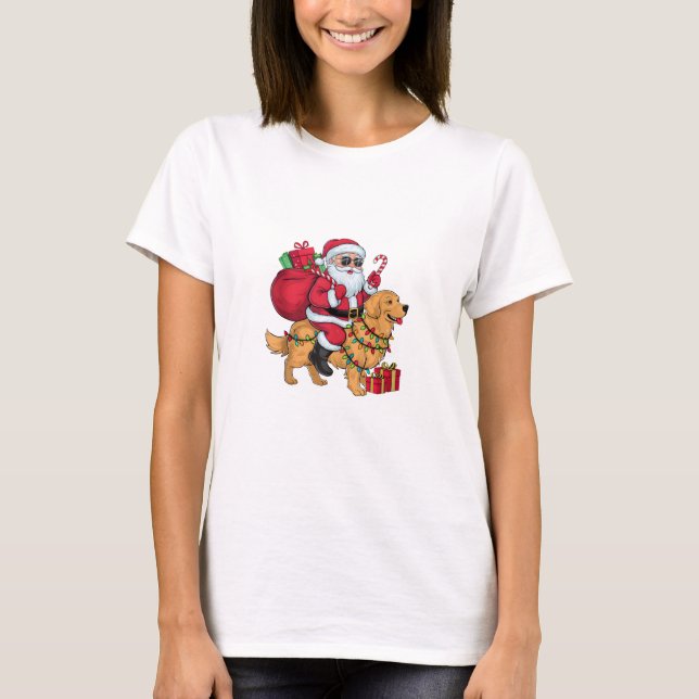 Xmas Lighting Santa Riding Golden Retriever Dog Ch T-Shirt (Front)
